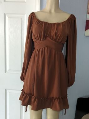 Long-Sleeve Rust Brown Empire Waist Mini Dress Pit To Pit 17 Inch